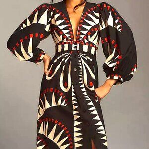 MAXI L BUTTONS DOWN THE FRONT BLACK WHITE RED LONG SLEEVE ABSTRACT DRESS